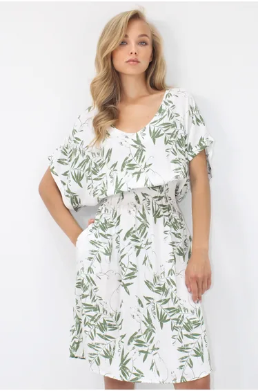 Women's Green V Neck Double Pocket Patterned Waist Gipel Woven Viscose Dress