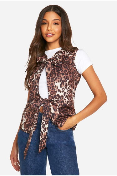 Leopard Sleeveless Tie Waistcoat - brown