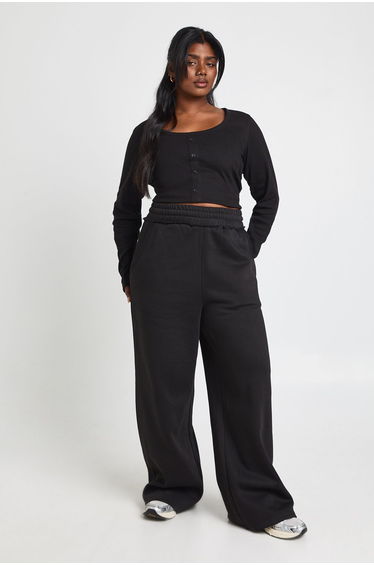 Plus Ribbed Button Through Scoop Neck Long Sleeve Top - black