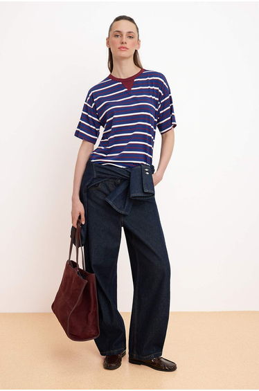 Navy Blue Striped Oversized /Wide Fit Short Sleeve Long Tok 100% Cotton Knitted T-Shirt