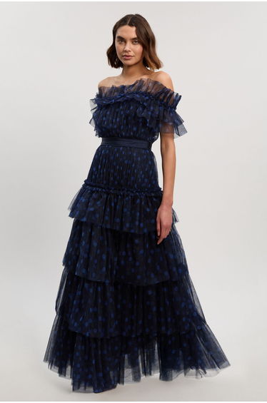 Polka Dot Tulle Layered Off The Shoulder Maxi Dress