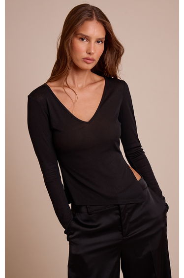 Black Burnout Mesh V Neck Long Sleeve Top