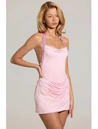 Embellished Halterneck Mini Dress in Blush Pink - 6