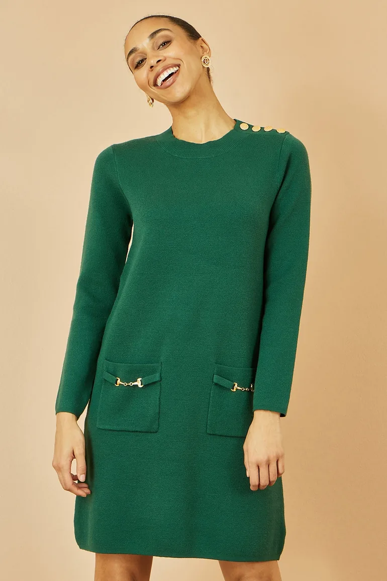 Yumi Green Knitted Tunic Dress With Gold Hardware Details - 1