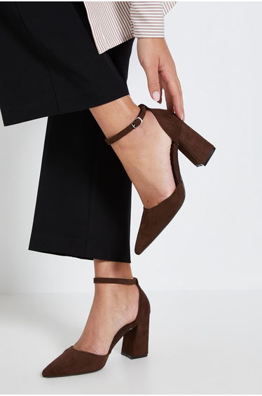 Blanche Faux Suede Ankle Strap Pointed High Block Heel Court Shoes