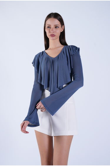Women's Indigo V-Neck Spanish Sleeve Front Flounce Transparent Blouse