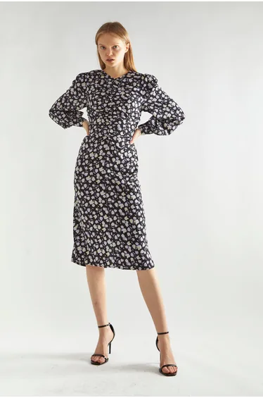 Floral Ruched Column Midi Dress with Long Sleeve