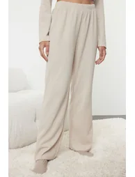 Beige Solid Bow Waffle Knitted Pajama Set - 4