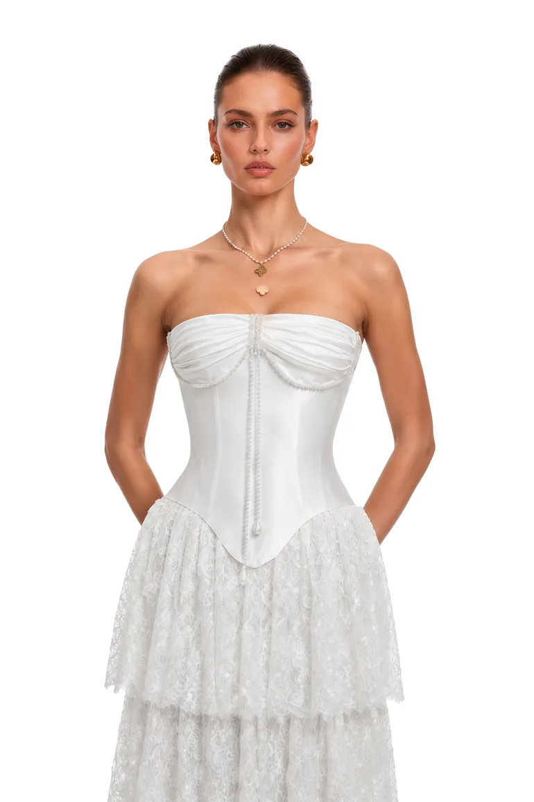 Octavia White Satin Corset Top & Tiered Lace Skirt Set - 3