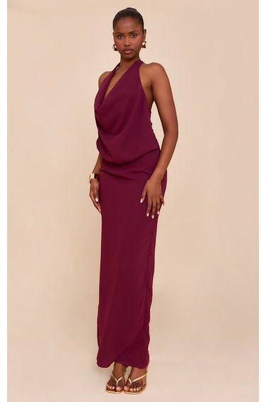 Plum Chiffon Cowl Neck Maxi Dress