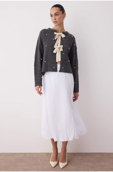 Gray Ribbon-Tied Pearl-Embroidered Wide-Mould Soft Texture Knitwear Cardigan