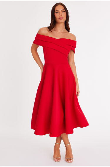 Red Pleated Bardot Midaxi Dress