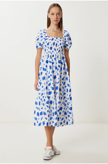 ISTANBUL Frilly Abstract Print A-Line Midi Dress with Square Collar
