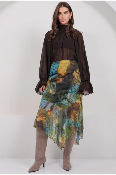 Women's Green Asymmetrical Cut Lined Tulle Skirt