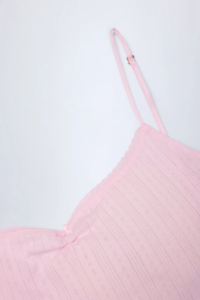 Pointelle Ruched Camisole Crop Top in Baby Pink - 4