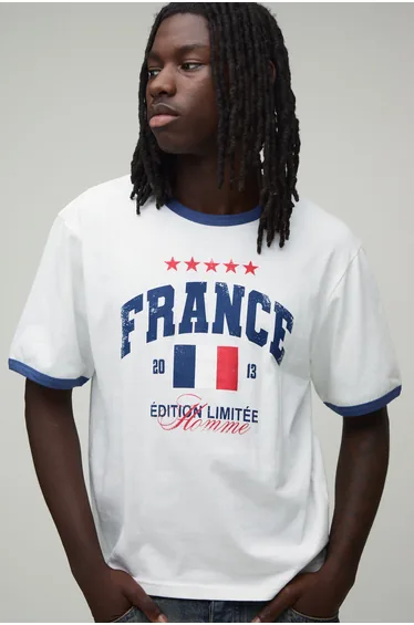 Boxy Regular France Print Ringer T-Shirt - white