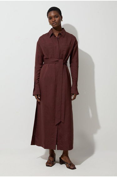 Viscose Linen Woven Belted Shirt Dress