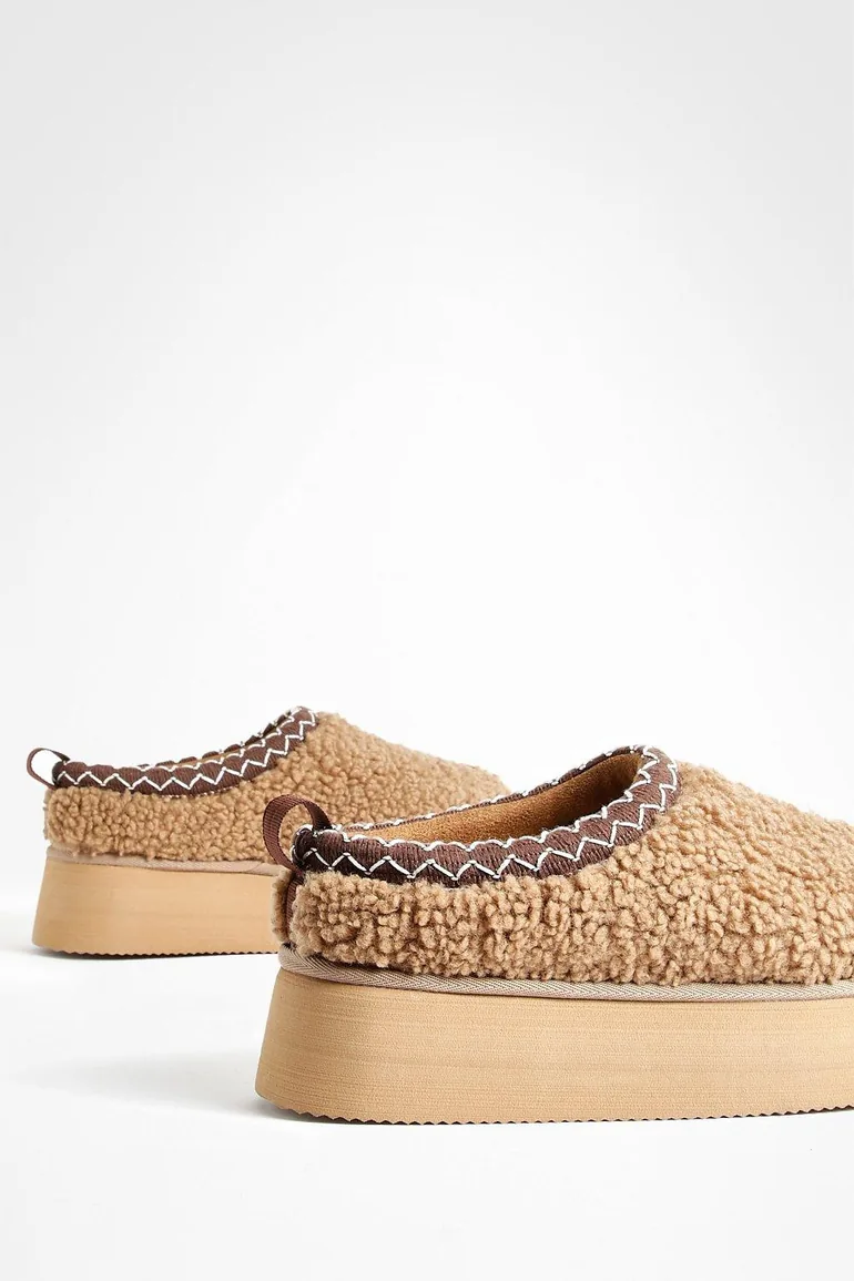 Borg Embroidered Detailing Platform Slip On Mules - chestnut - 3