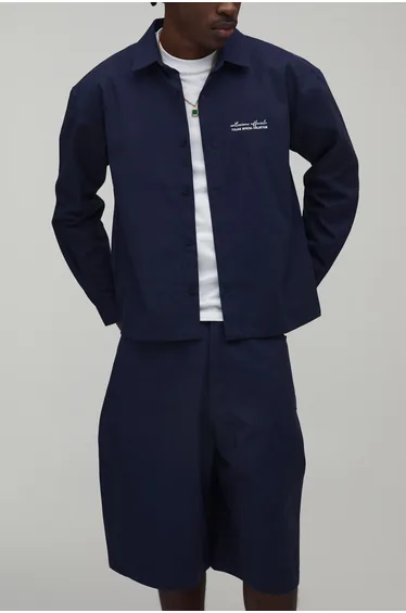 Soft Twill Embroidered Oversized Overshirt & Parachute Short Set - navy