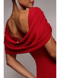 V Neck Cowl Back Pleated Sleeve Scuba Maxi Dress - Red by Goddiva - 2