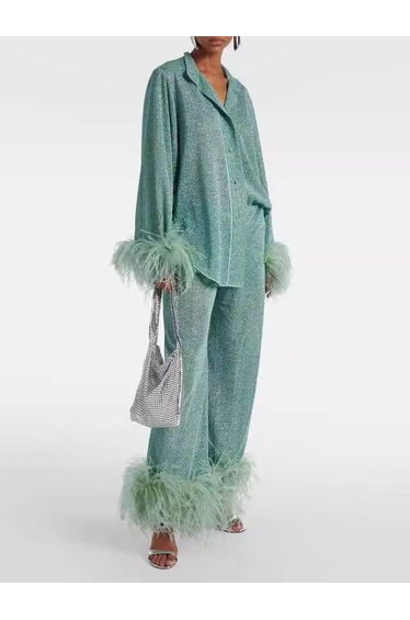 Feather Stand Collar Shirt Wide-leg Pants Suit