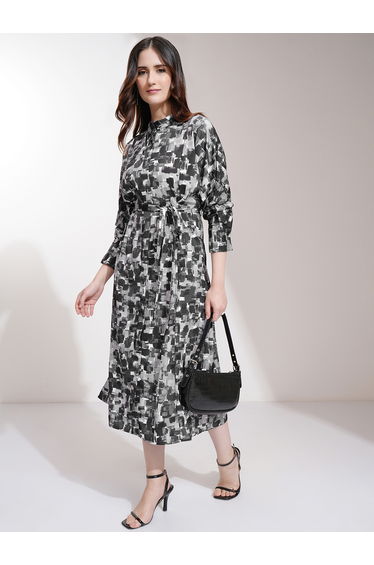 All-Over Print Batwing Sleeve A-Line Midi Dress