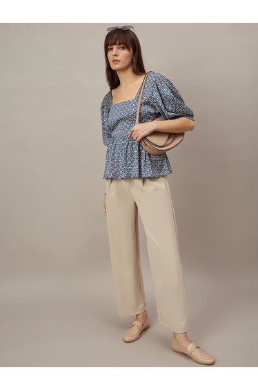 Geometric Print Peplum Top with Back-Tie