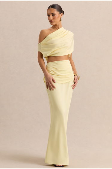 Yaselle | Lemon Satin Asymmetric-Neck Crop-Top
