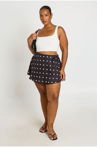 Plus Satin Polka Dot Tie Side Skort - black