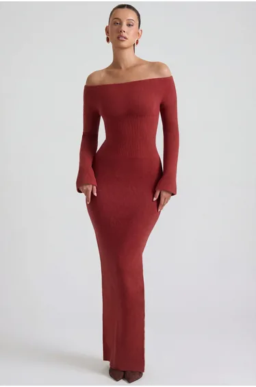 Ribbed-Knit Off-Shoulder Maxi Dress in Brick Red