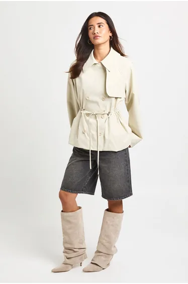Cinched Waist Short Trench Coat - stone