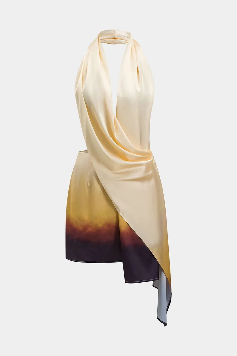 Ombre Print Satin Ruched Asymmetrical Backless Halter Two-Piece Mini Dress Micas Multicolour : Dresses : VogaCloset Oman Ombre Print Satin Ruched Asymmetrical Backless Halter Two-Piece Mini Dress Micas Multicolour : Dresses : VogaCloset Oman