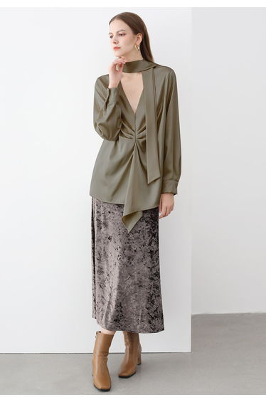 Tie Sash V-Neck Ruched Satin Top in Khaki