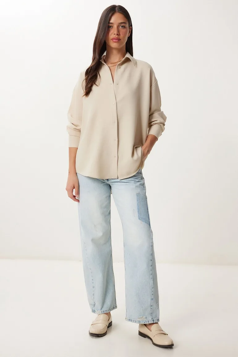 Women's Stone Oversize Linen Shirt - 2