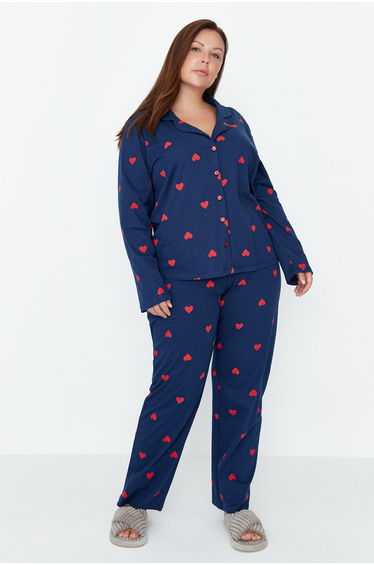 Navy Blue Heart Pattern Knitted Pajamas Set