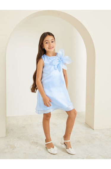 Girls Light Blue Sleeveless Dress with Flower Detail