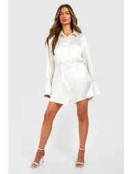 Satin Shoulder Pad Mini Shirt Dress - champagne - 2