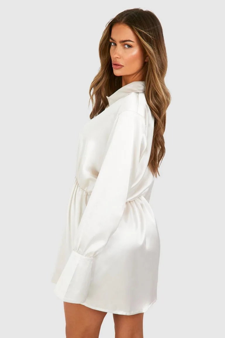 Satin Shoulder Pad Mini Shirt Dress - champagne - 1