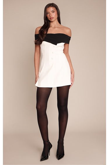 White Contrast Woven Bandeau Button Detail Mini Dress