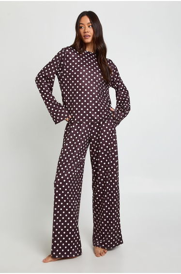 Tall Polka Dot Print Long Sleeve Top & Trousers Pyjama Set - chocolate