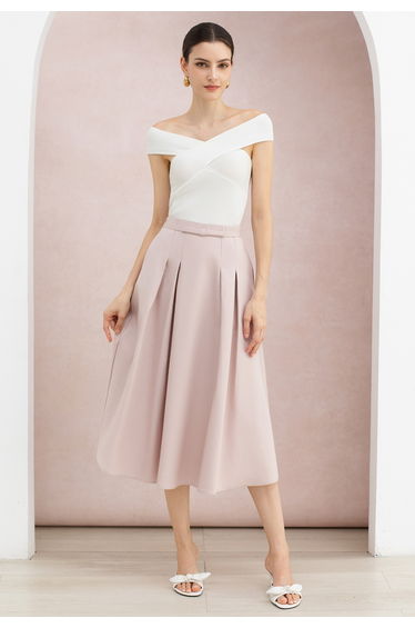 Tender Bowknot Waist Pleated Cotton-Blend Midi Skirt in Light Pink