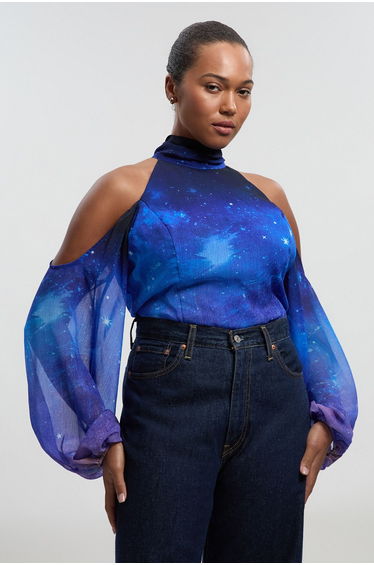 Plus Size Cosmic Cold Shoulder Woven Blouse