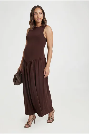 Maternity Double Slinky Racker Neck Maxi Dress - chocolate