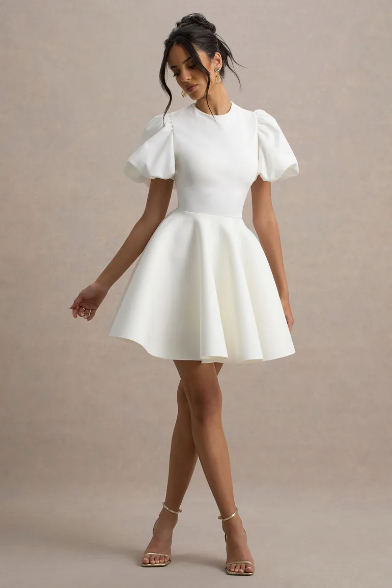white puff sleeve skater dress Charming Look Puff Sleeve Ruffled Skater Dress