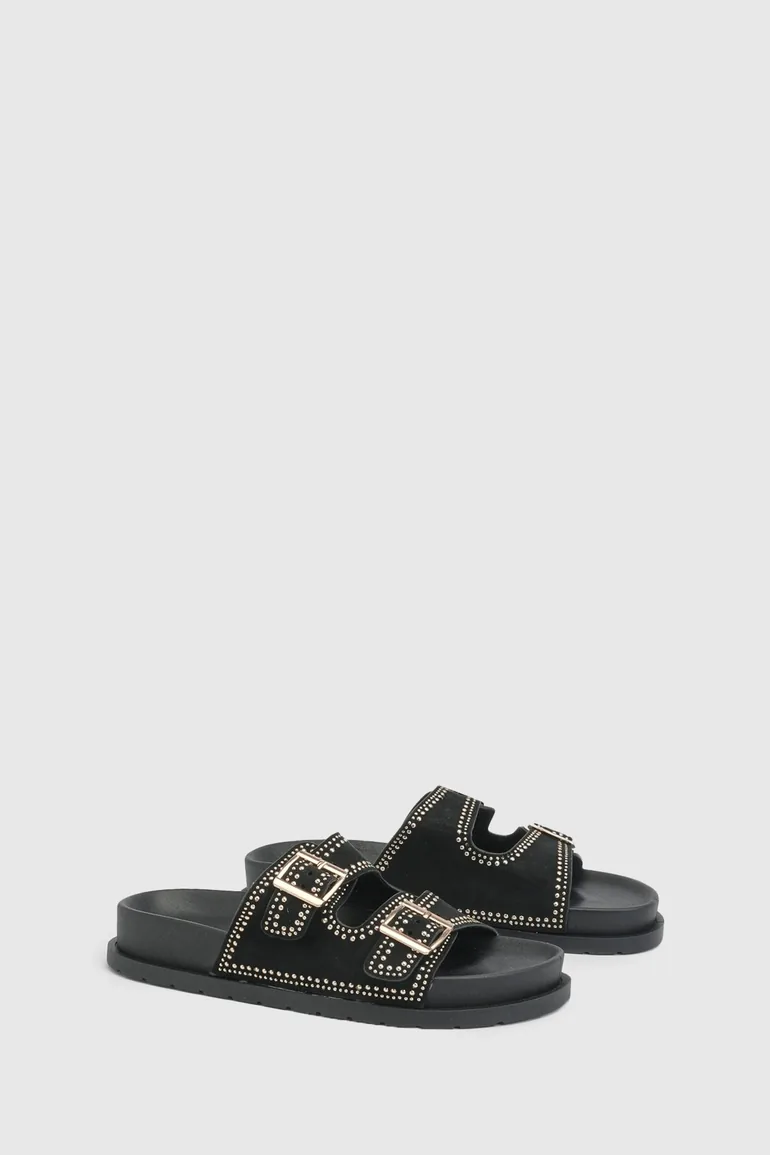 Faux Suede Stud Detail Double Buckle Sliders - black