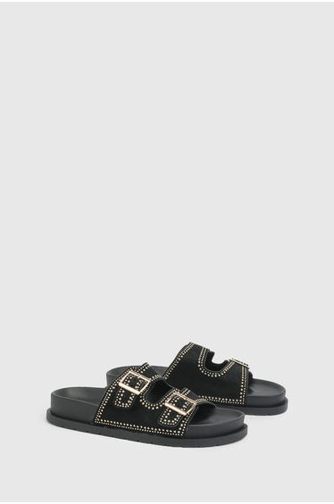 Faux Suede Stud Detail Double Buckle Sliders - black