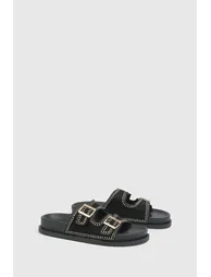 Faux Suede Stud Detail Double Buckle Sliders - black