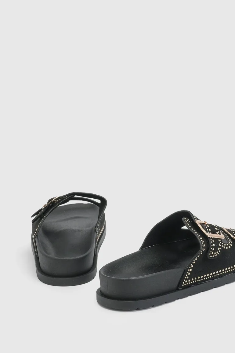 Faux Suede Stud Detail Double Buckle Sliders - black - 1