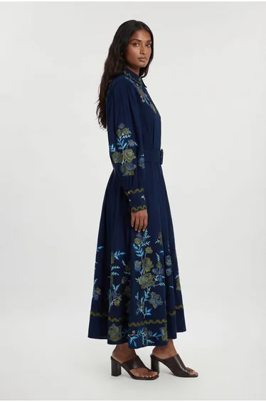 Petite Rose Embroidered Cotton Twill Woven Shirt Dress With Eyelets