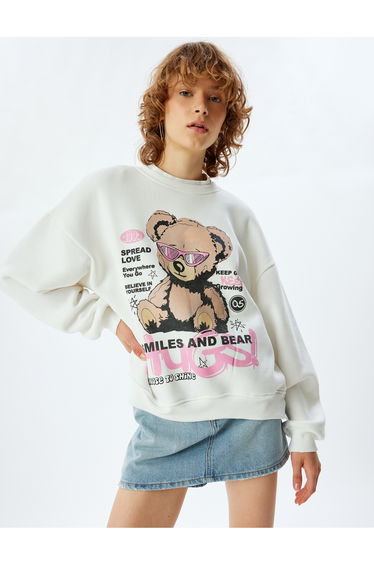 Oversize Sweatshirt Bear Themed Back Printed Crew Neck Raised
